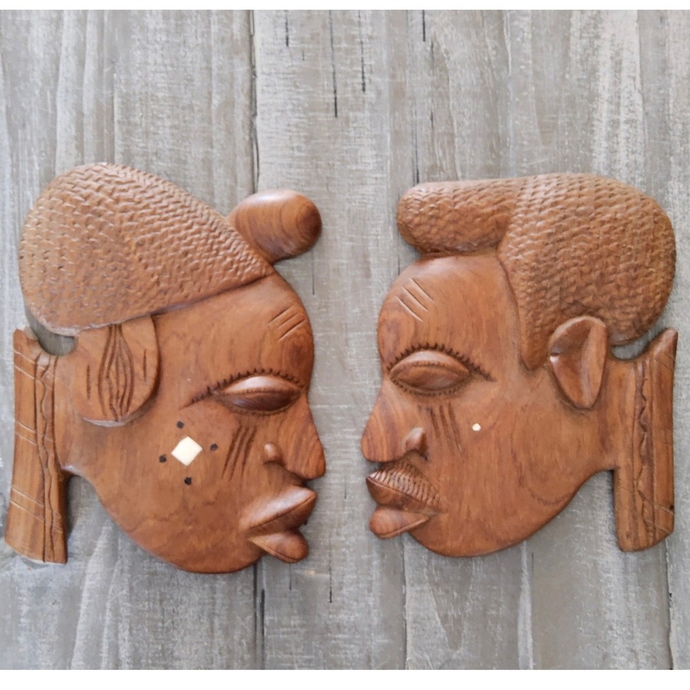 Vintage Hand Carved African Tribal Wall Faces‎ Set of 2 Boho Folk Art Decor